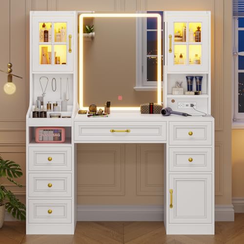 White Vanity Desk with Touch Screen Mirror and Lights, 6 Drawers N700791