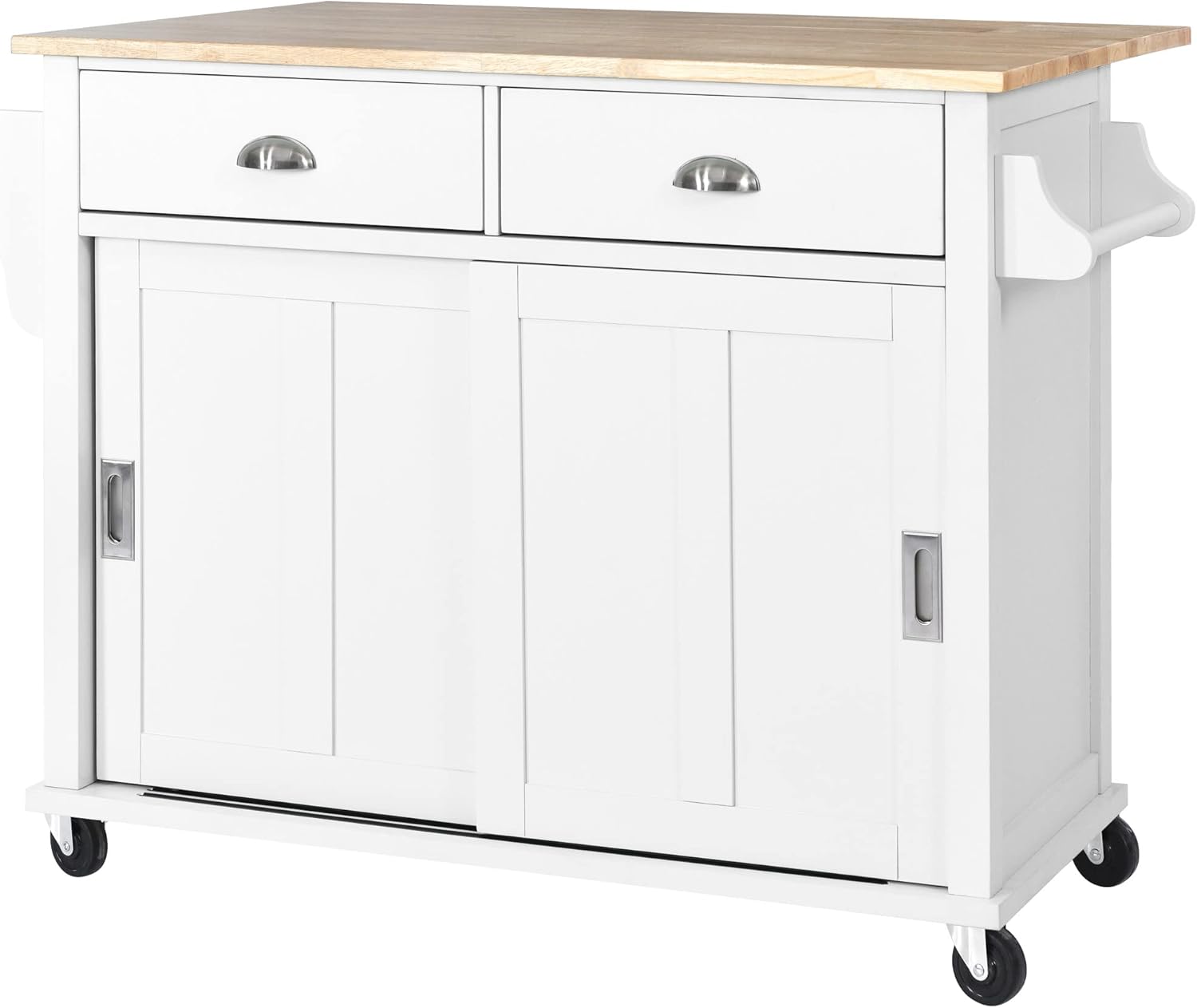 Mobile Kitchen Island Cart with Spice Rack and Towel Rack, Rolling Kitchen Island with Drop Leaf, 2 Drawers and Sliding Barn Doors Y8263
