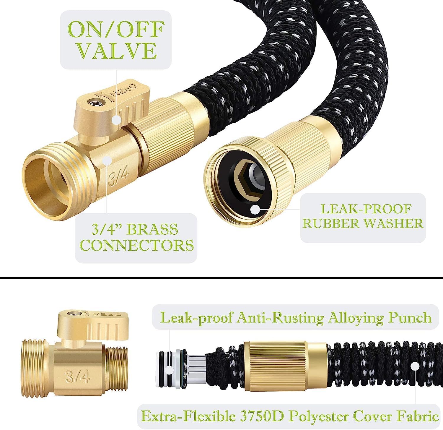 50FT Expandable Garden Hose with 9 Function Nozzle and Solid Brass Fittings M921