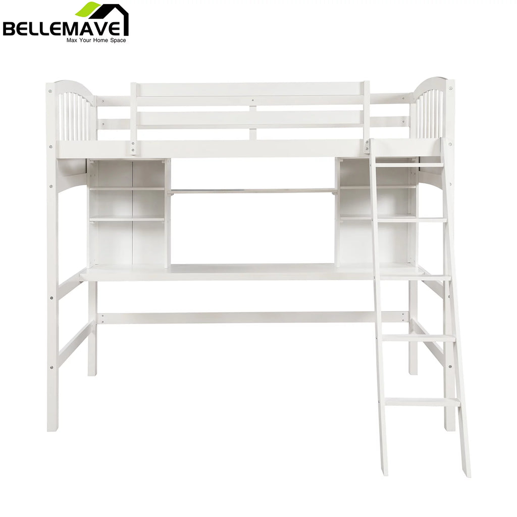 Twin Size High Loft Bed with Storage Shelves, Desk and Ladder Solid Wood Bed Frame with Safety Guardrails White D77146
