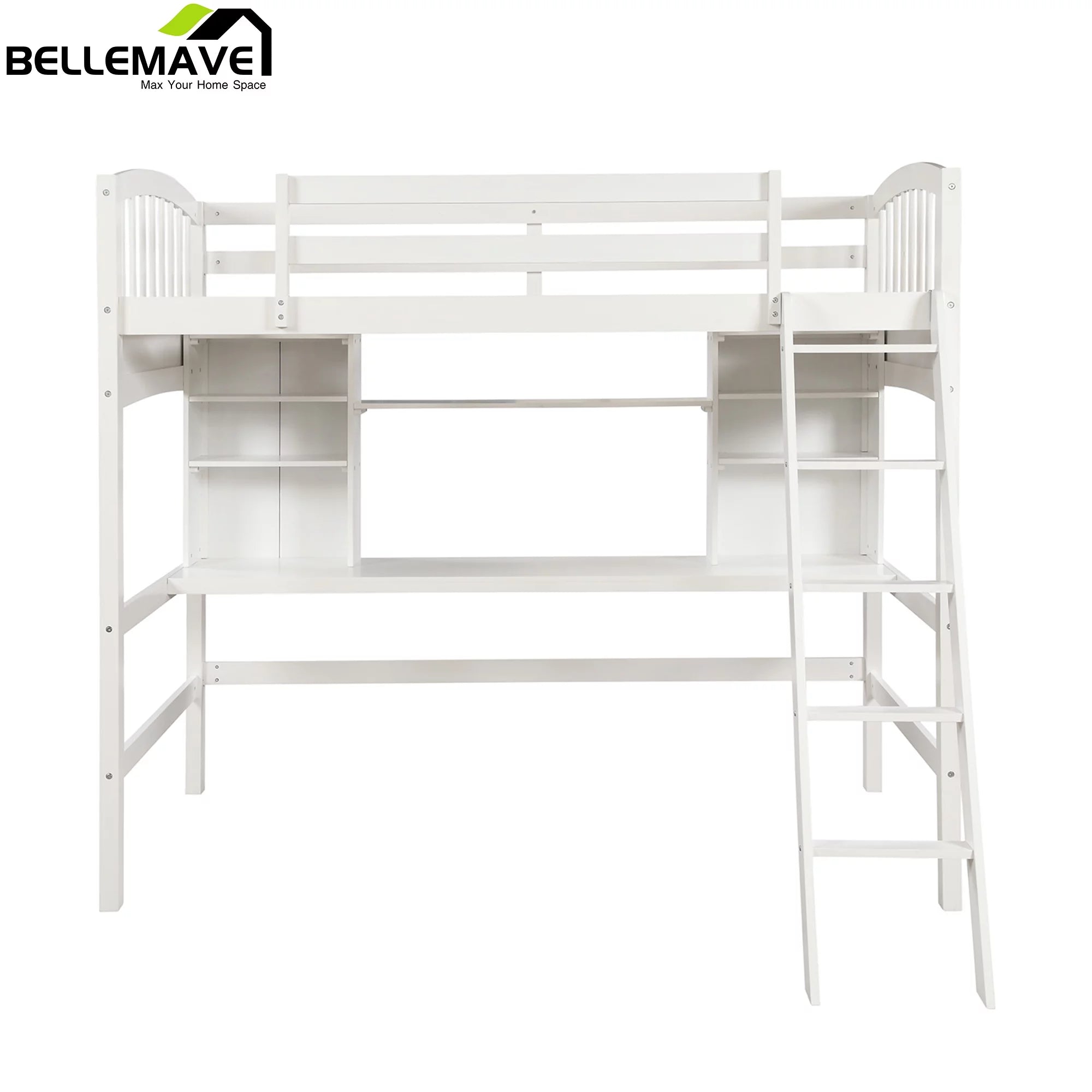 Twin Size High Loft Bed with Storage Shelves, Desk and Ladder Solid Wood Bed Frame with Safety Guardrails White D77146