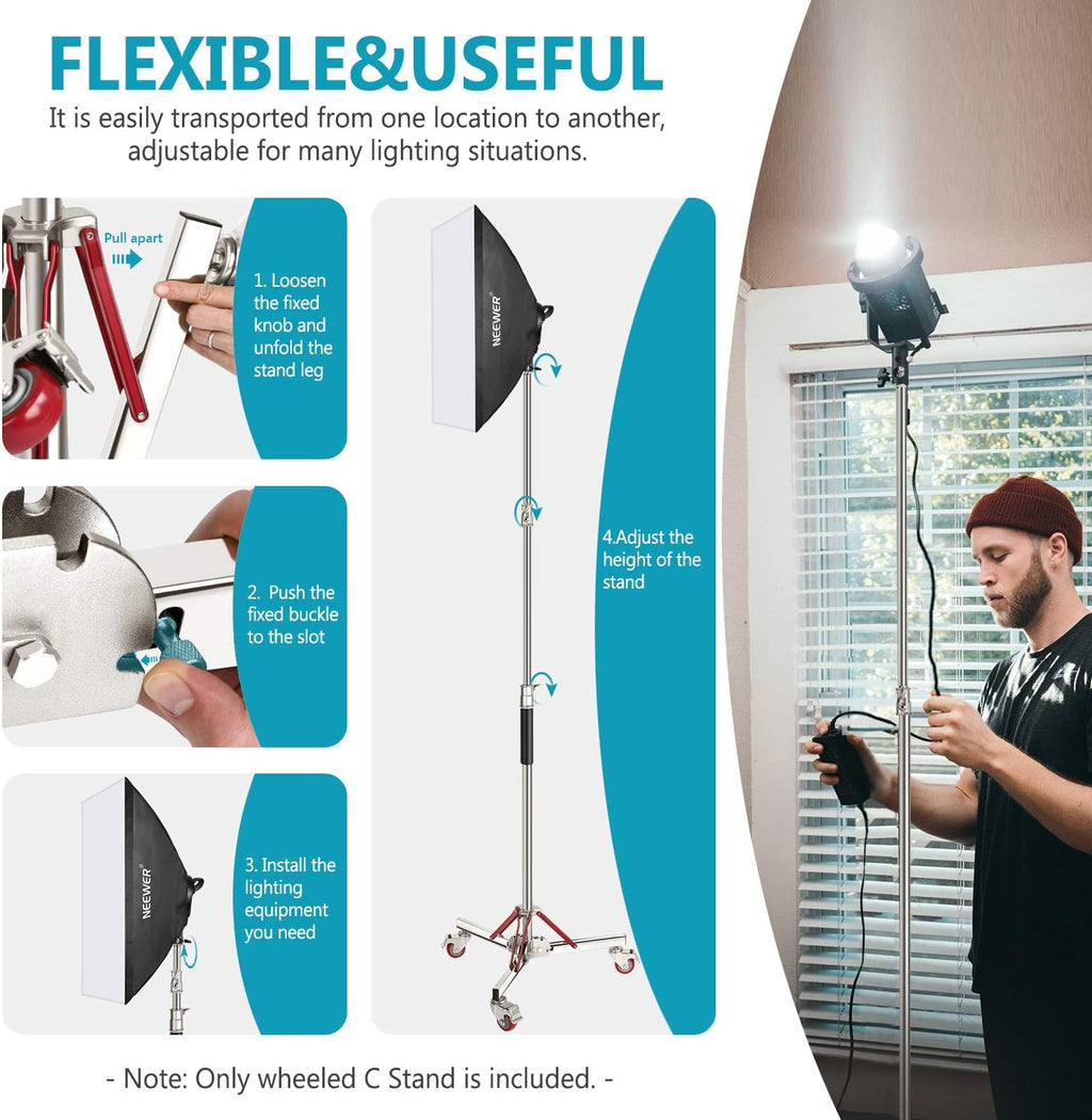Heavy Duty Light Stand with Casters, Adjustable Tripod Stand, 100% Stainless Steel, Max Height: 10ft/305cm Y1320