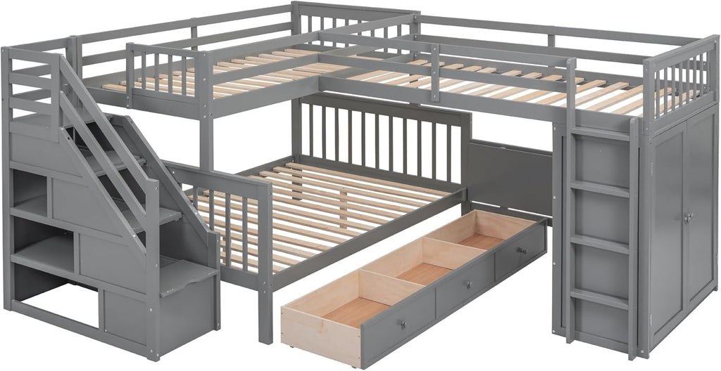 Twin-Twin Over Full L-Shaped Bunk Bed with 3 Drawers Wardrobe Solid Wood Grey N232
