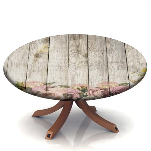 Fitted Round Tablecloth, Vintage Wood Grain Elastic Edge Polyester, 32" H908
