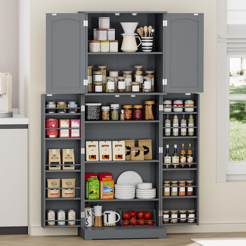 Gray Tall Freestanding Kitchen Pantry Cabinet with Doors and Shelves C345168