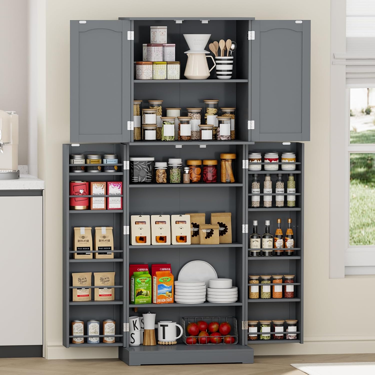 Gray Tall Freestanding Kitchen Pantry Cabinet with Doors and Shelves C345168