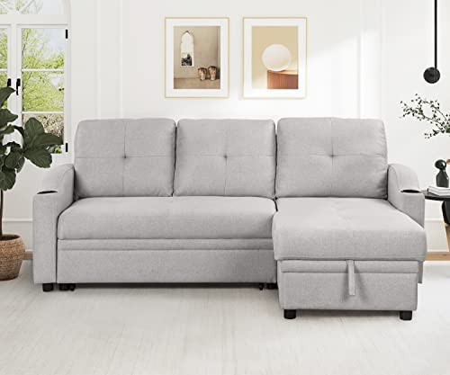 80.3" Linen Fabric 3 Seater Sofa Bed with Storage Chaise W6260
