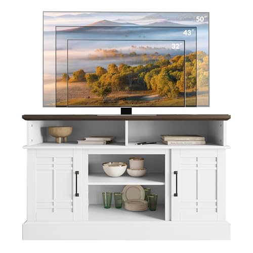 White Wood TV Stand with Open Storage Shelves and Cabinets E7926