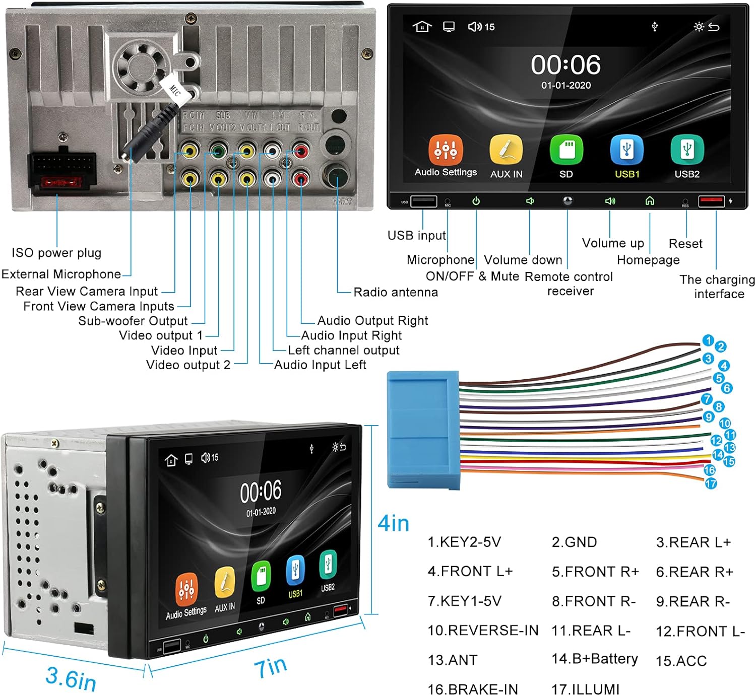 7 Inch Double Din Car Stereo with Touchscreen Bluetooth Q4670