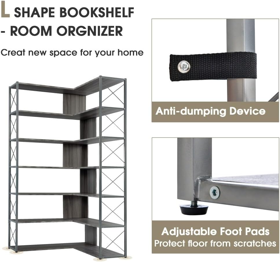 7-Tier L-Shaped Corner Bookcase Open Storage Silver MDF G252501