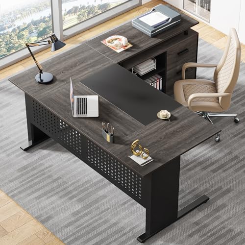 Gray and Black L Shaped Executive Desk with File Cabinet and Drawers K4845