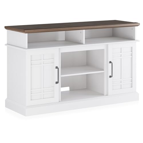 White Wood TV Stand with Open Storage Shelves and Cabinets E7926