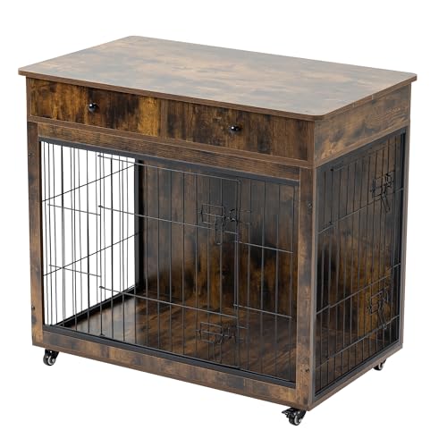 Grey 31.7" L×23.2" W×33" H Wooden Dog Crate with 2 Drawers D442