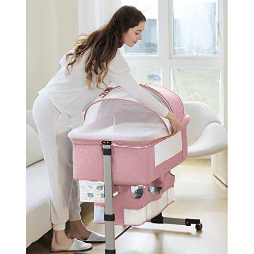 Pink Baby Bassinet Bedside Sleeper with Storage Basket A52626