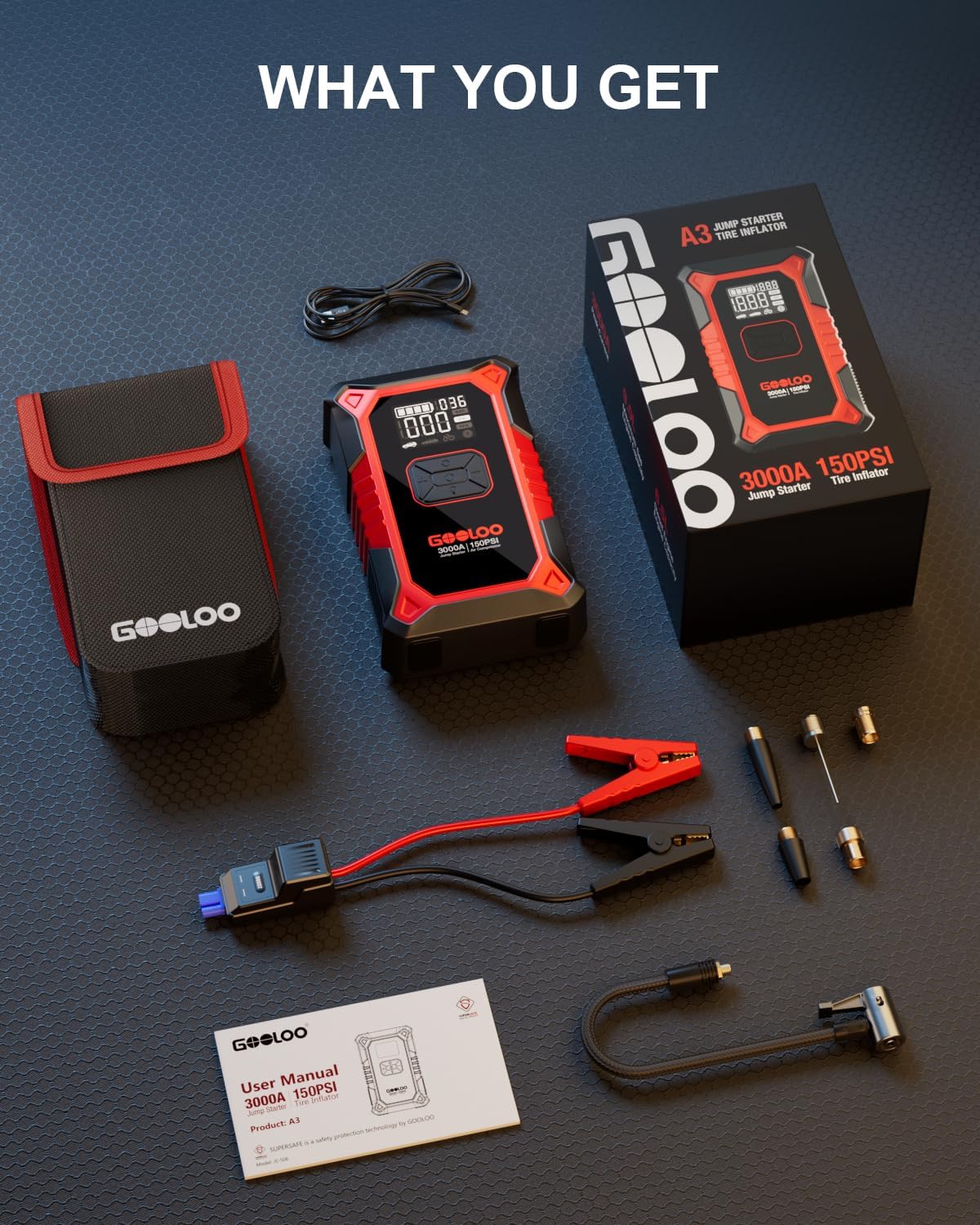3000A Portable Car Battery Booster with 150PSI Tire Inflator B9530