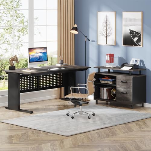 Gray and Black L Shaped Executive Desk with File Cabinet and Drawers K4845