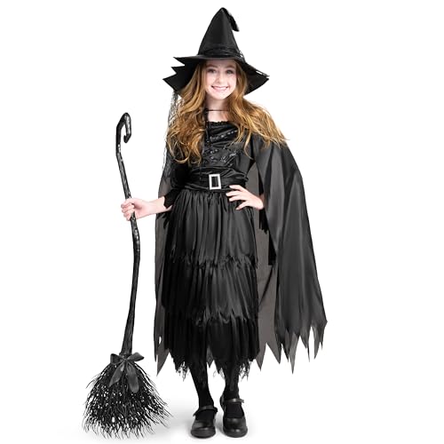 Classic Kids Witch Costume Black Witch Dress with Broom and Hat XL Q3327