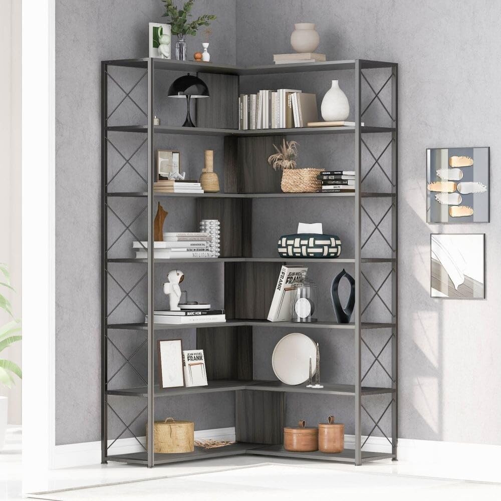 7-Tier L-Shaped Corner Bookcase Open Storage Silver MDF G252501