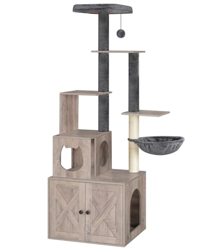 Greige 67.7" H Wooden Cat Tree with Litter Box Enclosure N9284
