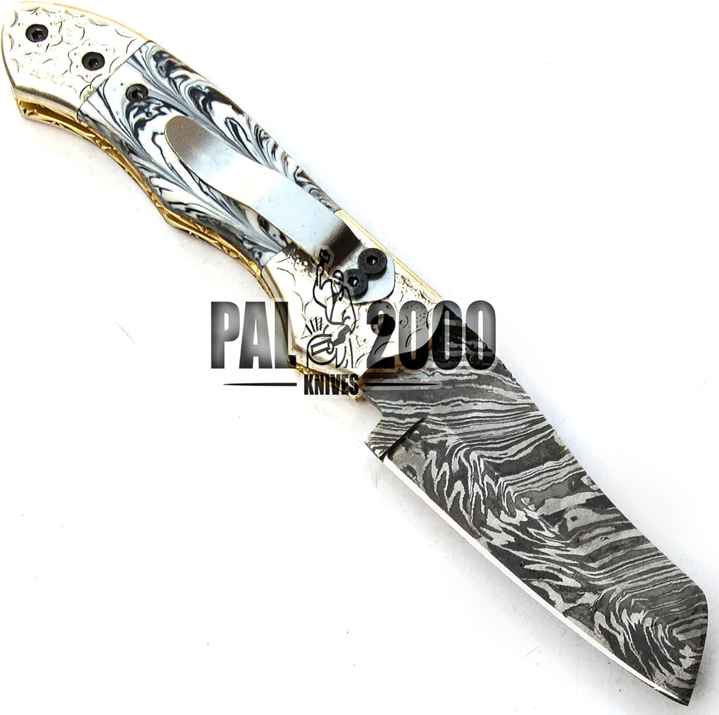 Handmade Damascus Steel Folding Pocket Hunting Knife with Sheath P1925