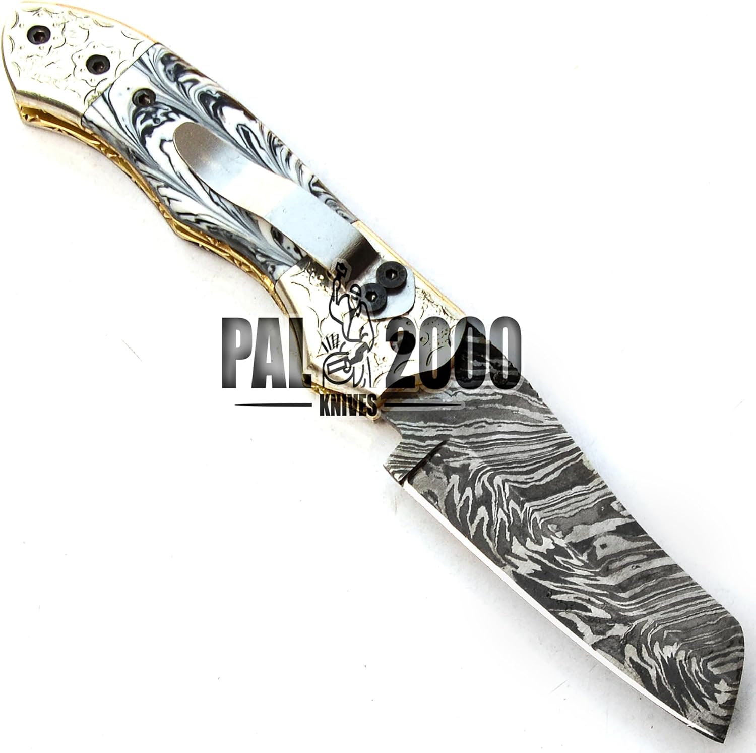 Handmade Damascus Steel Folding Pocket Hunting Knife with Sheath P1925