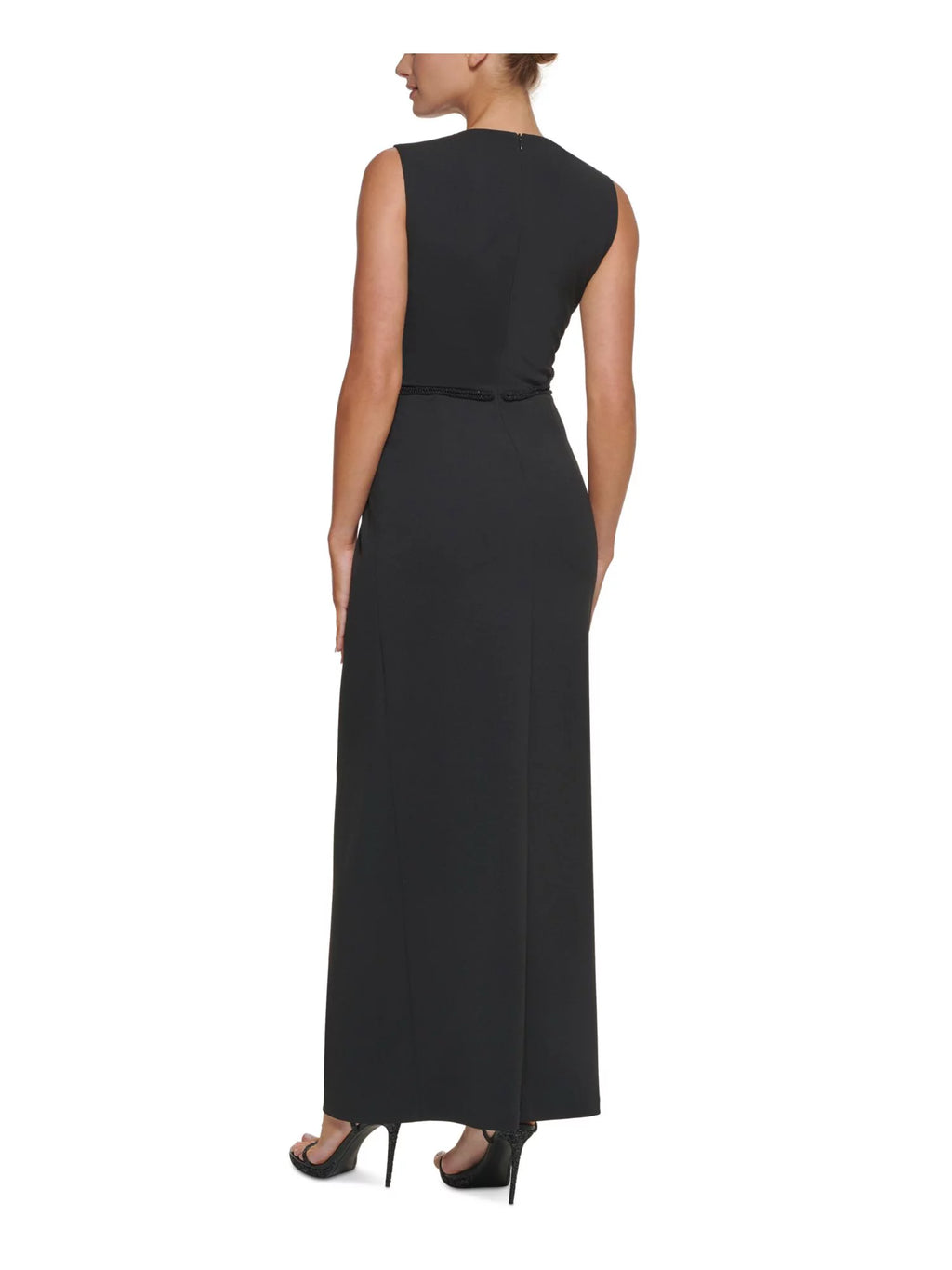 Black Stretch Beaded Zippered Back Slit Lined Sleeveless Round Neck Full-Length Formal Gown Dress B934112