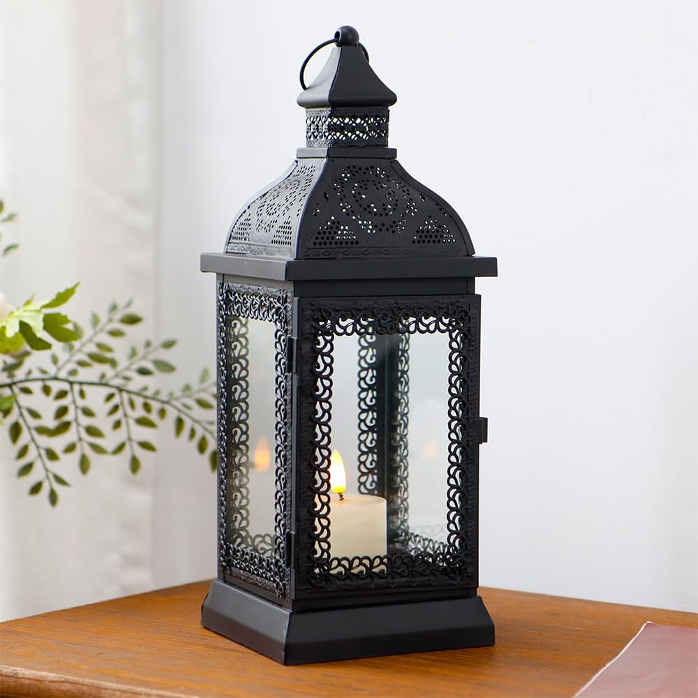 Black Metal Candle Lantern 13'' High with Tempered Glass E53080