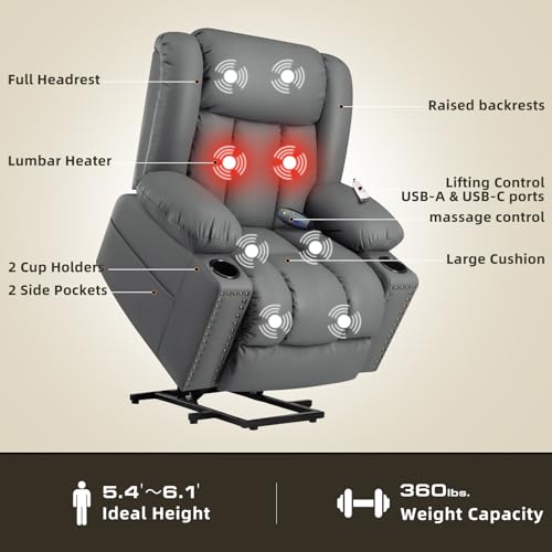 Large Power Lift Recliner Chairs with Heat and Massage Set of 2, Breathable Leather, Dark Brown E106