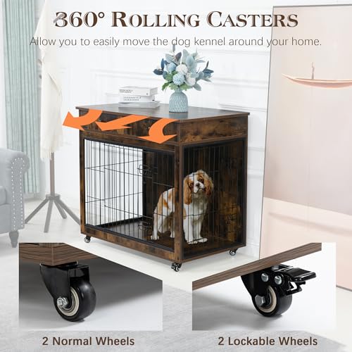 Grey 31.7" L×23.2" W×33" H Wooden Dog Crate with 2 Drawers D442