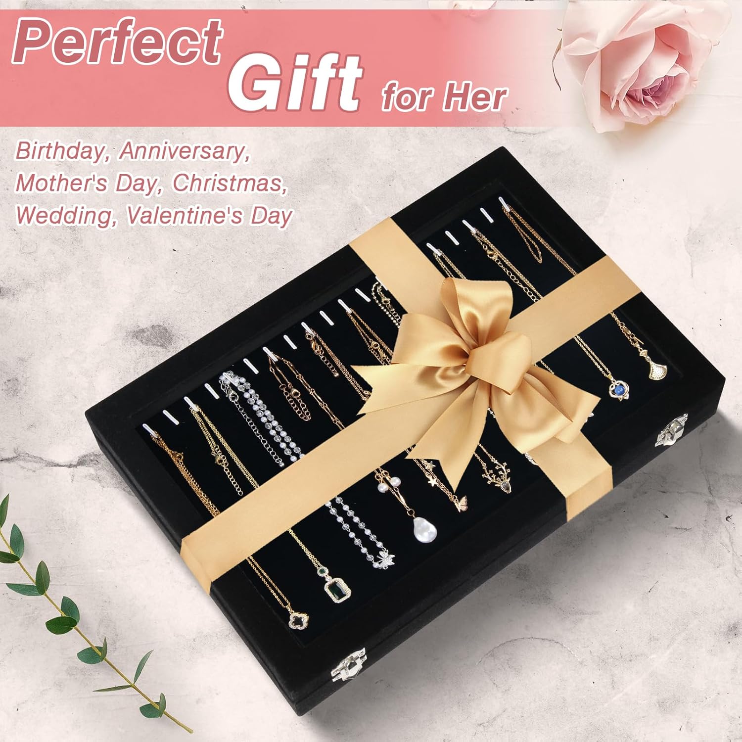 20 Hooks Velvet Jewelry Tray Necklace Organizer Box with Clear Lid C76389