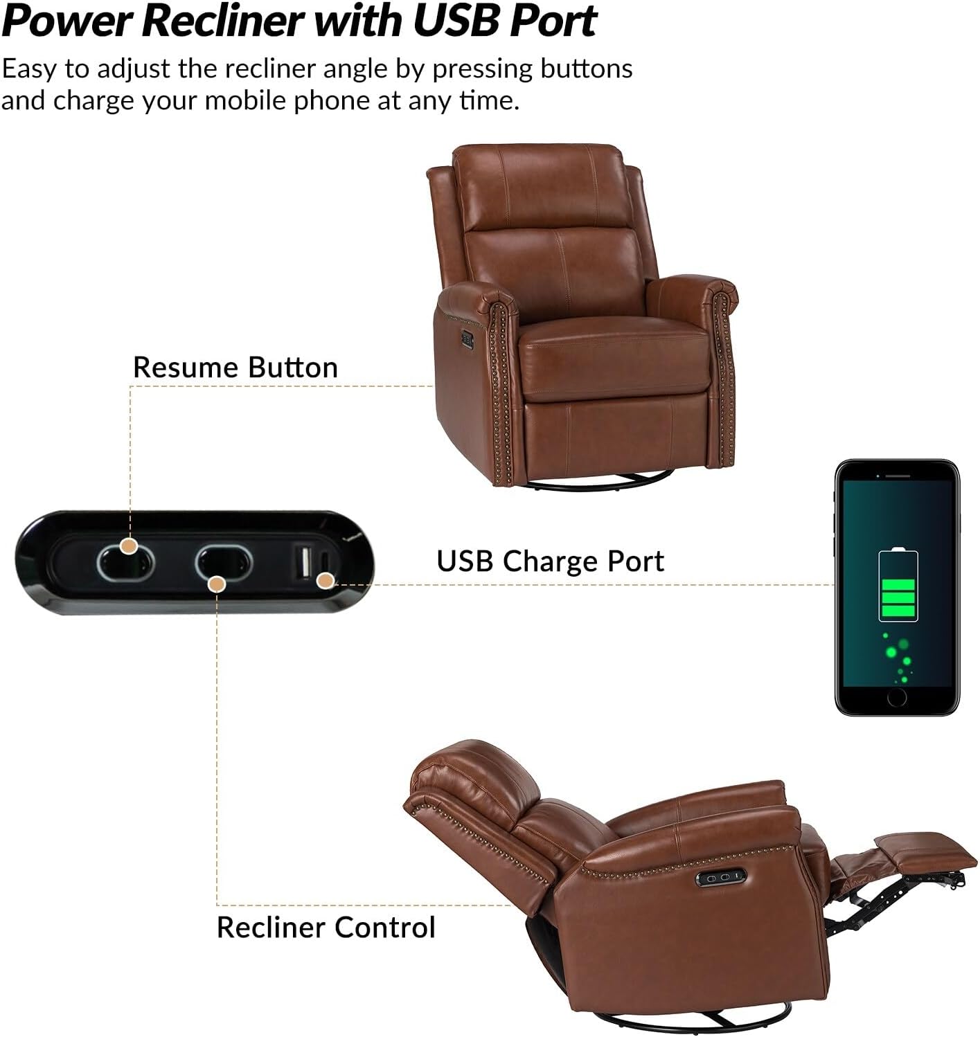 Genuine Leather Power Swivel Recliner with Metal Base P838
