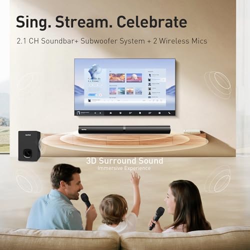 Karaoke Soundbar with Subwoofer, 2 Wireless Microphones, Bluetooth Speaker with Remote W885