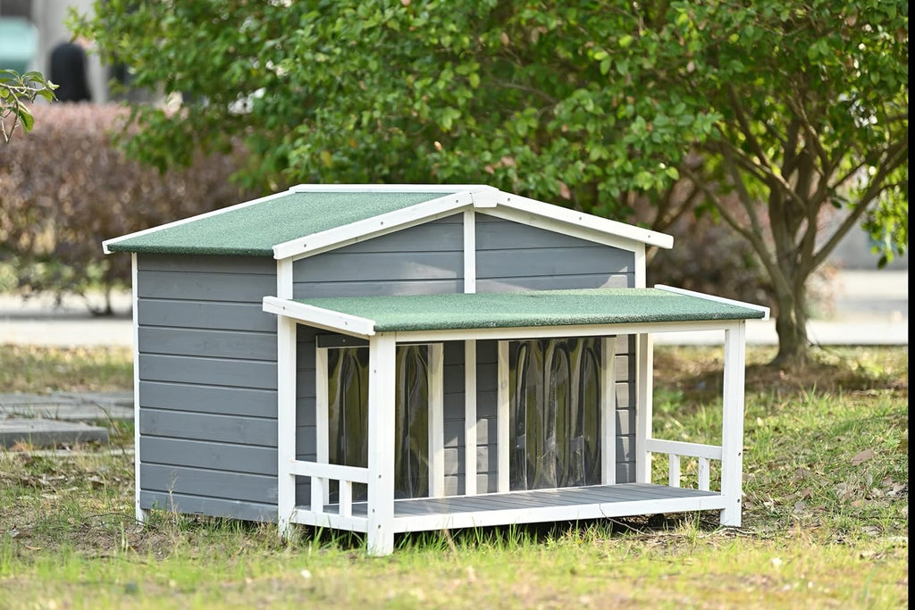 Gray Green Wooden Dog House with Porch 2 Doors Q801944