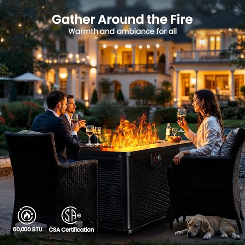 43-Inch Rectangular Propane Fire Pit with 60,000 BTU Output, Cover and Rocks, 304 Stainless Steel H-Burner E8271