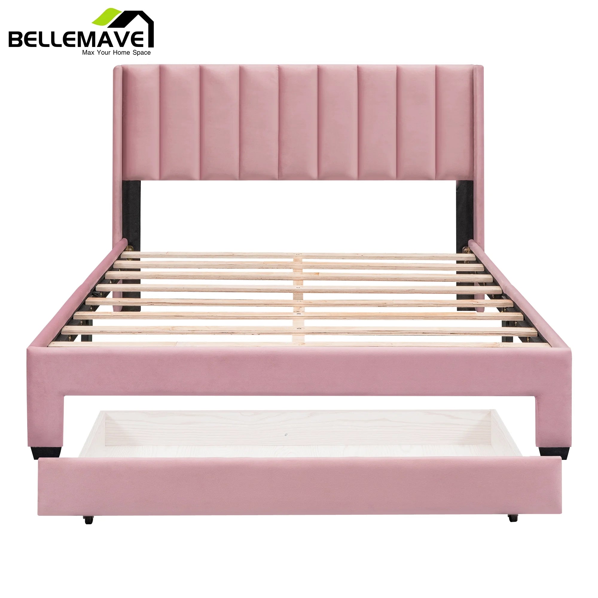 Queen Size Pink Velvet Upholstered Wood Platform Bed with Drawer I3436