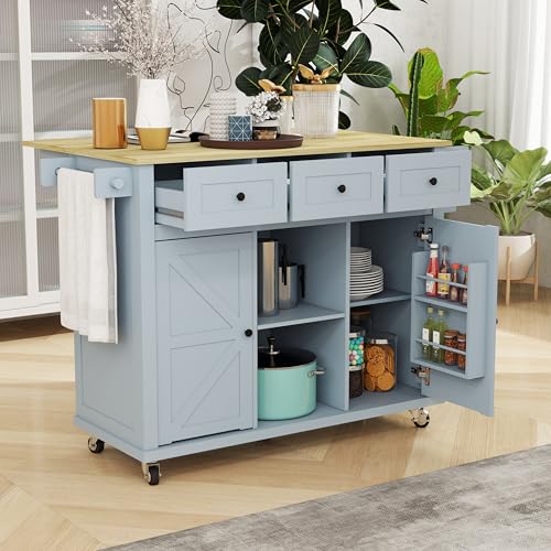 Grey Blue Rolling Kitchen Island with Storage Cabinet and 3 Drawers L4512