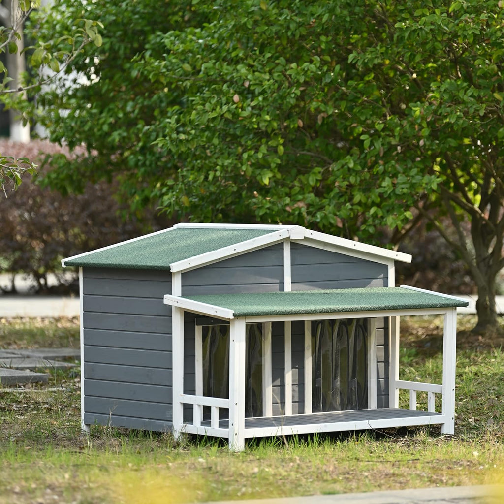 Gray Green Wooden Dog House with Porch 2 Doors Q801944