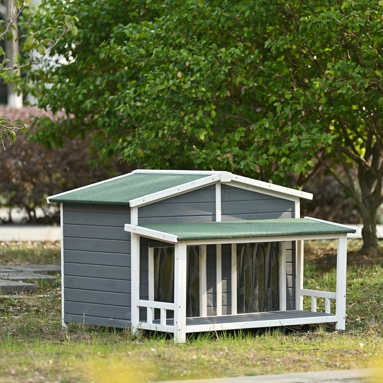 Gray Green Wooden Dog House with Porch 2 Doors Q801944
