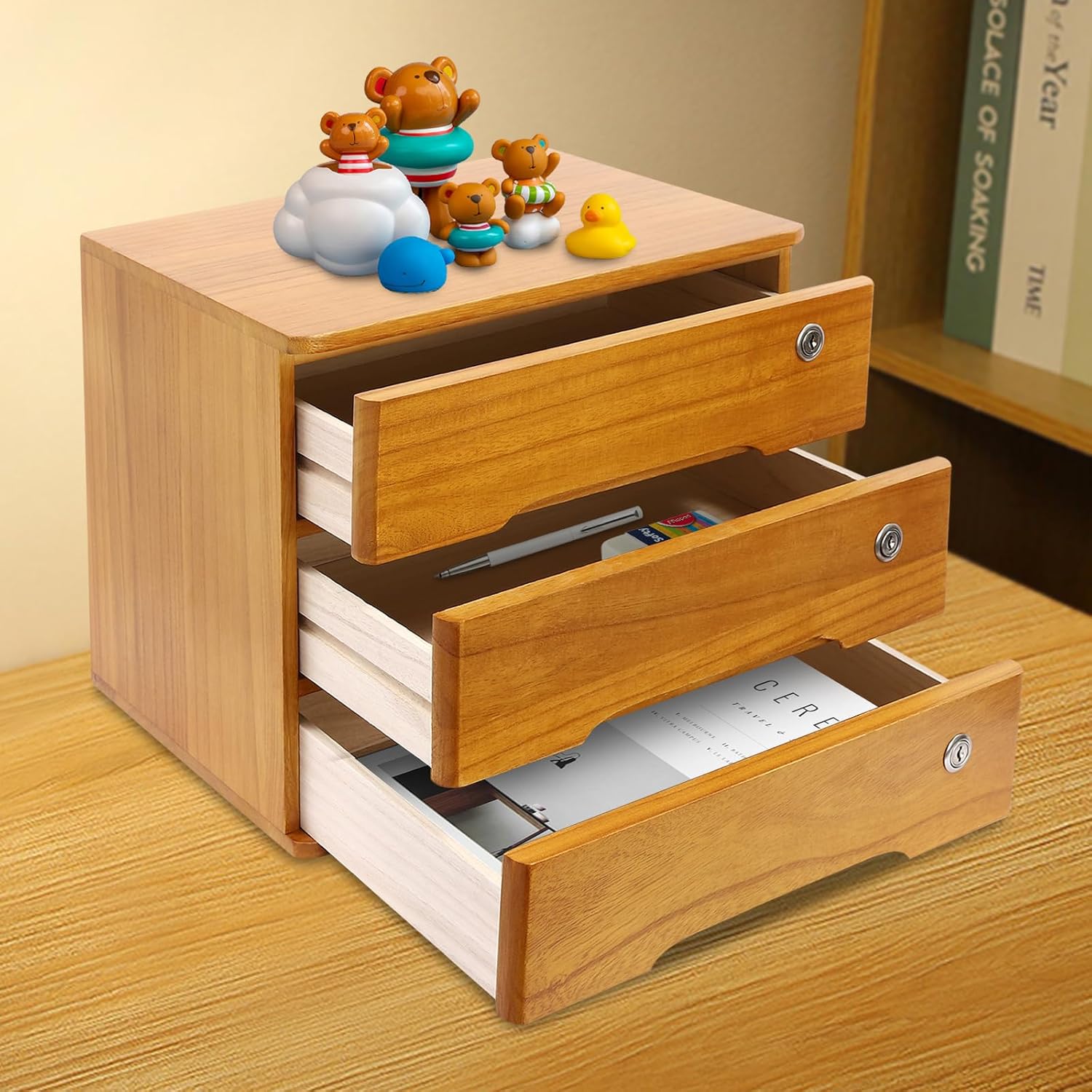 3-Tiers Wooden Desktop Storage Box with Lockable Drawers C679885